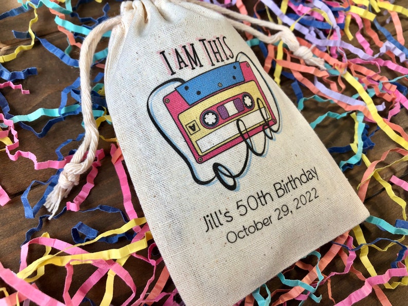 Set of 10 Personalized 80s Theme Party Favor Bags I Am This Old Cassette Tape Favors Item 2479A image 3