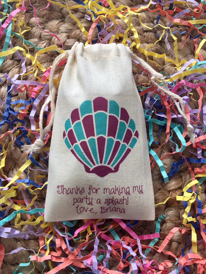 Item 1588A Set of 10 Personalized Mermaid Birthday Party Favor Bags Clam Shell Favors
