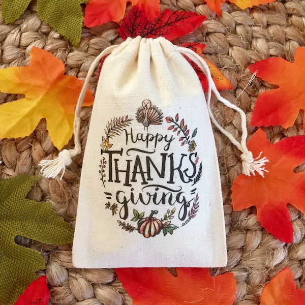 Set of 10 Thanksgiving Favor Bags / Fall Cotton Treat Bags (Item 1635A)