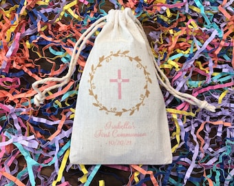Set of 10 Baptism or First Communion Favor Bags with Wreath and Cross (Item 2310A)