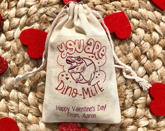 Set of 10 Kid's Valentine's Day Party Favor Bags / Personalized Dinosaur Valentine Treat Bag - You Are Dino-Mite (Item 1773A)