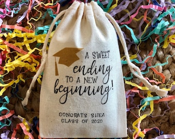 Set of 10 Personalized Graduation Party Favor Bags - A Sweet Ending to a New Beginning (Item 1868A)