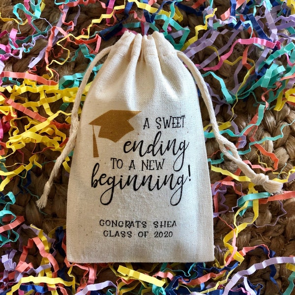 Set of 10 Personalized Graduation Party Favor Bags - A Sweet Ending to a New Beginning (Item 1868A)