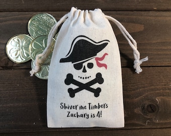 Set of 10 Personalized Pirate Party Favors - Custom Muslin Cotton Bags "Shiver Me Timbers" (Item 1593A)