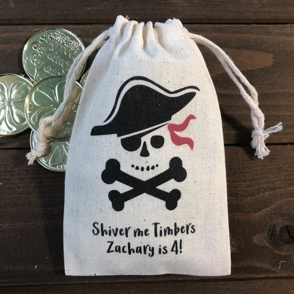 Set of 10 Personalized Pirate Party Favors - Custom Muslin Cotton Bags "Shiver Me Timbers" (Item 1593A)