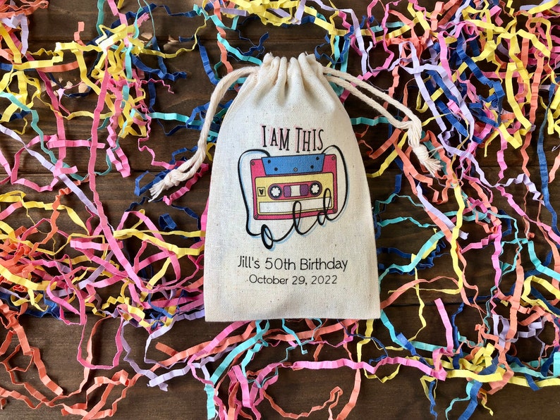 Set of 10 Personalized 80s Theme Party Favor Bags I Am This Old Cassette Tape Favors Item 2479A image 2
