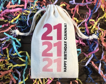 Set of 10 Personalized Party Favor Bags | 21st Birthday Custom Muslin Cotton Bags (Item 2453A)