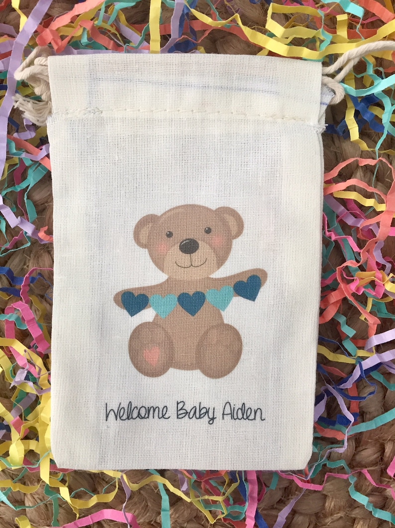 Set of 10 Item 1336A Personalized Teddy Bear Baby Shower Favors or Birthday Party Favors Custom Muslin Cotton Bags