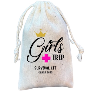 Girls Trip Survival, Hangover, Recovery Kit Gift and Favor Bags, Bachelorette, Birthday Trip Personalized Bag (Item 2031A)
