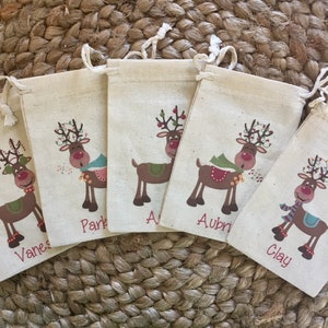 Set of 10 Kid's Christmas Party Favor Bags / Reindeer Assortment Gift Bags / Personalized Holiday Treat Bags (Item 1762A)