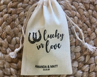 Set of 10 Lucky In Love Personalized Wedding Favor Bags / Western Wedding Favors / Horseshoe Wedding Favors  (Item 1730A)