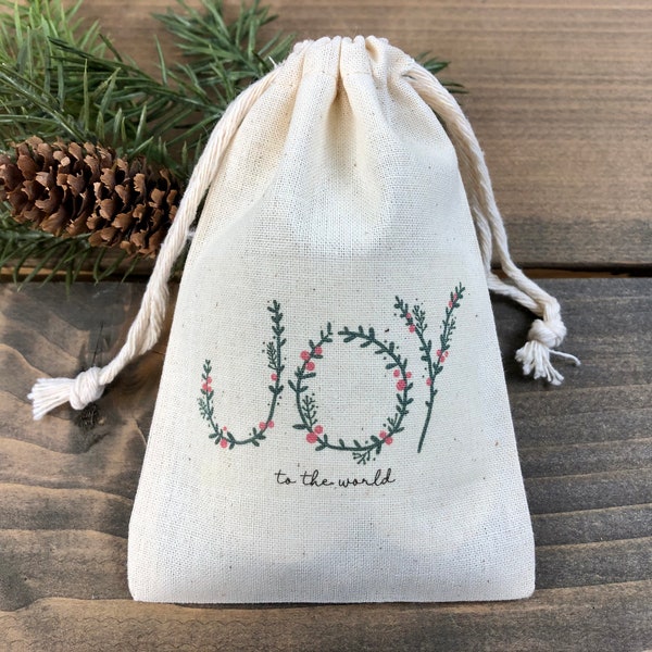 Set of 10 Personalized Farmhouse Christmas Favor Bags / Holiday Gift Bags / Joy to the World (Item 2547A)