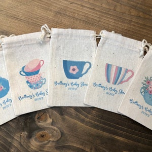 Set of 10 Blue Assorted Tea Party Theme Baby Shower Favors Cotton Muslin Bags(Item 2324A)