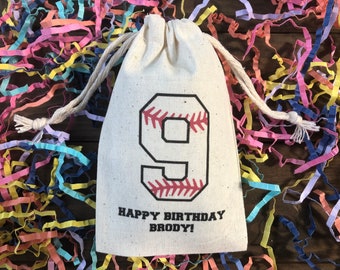 Set of 10 Personalized Baseball Party Favors - Custom Muslin Cotton Bags (Item 1582A)