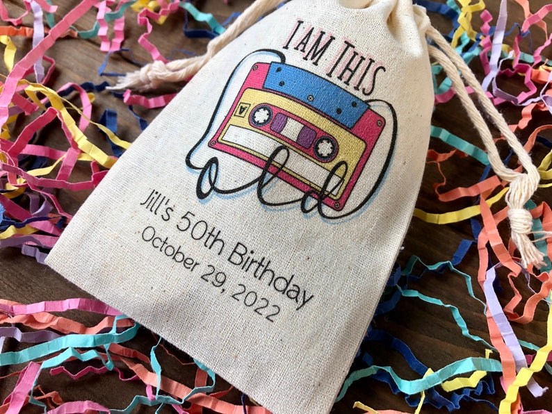 Set of 10 Personalized 80s Theme Party Favor Bags I Am This Old Cassette Tape Favors Item 2479A image 4