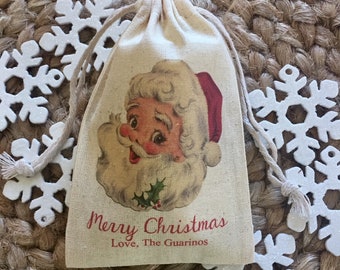 Set of 10 Personalized Christmas Favor Bags / Holiday Gift Bags / Vintage Santa Muslin Bag (Item 1752A)