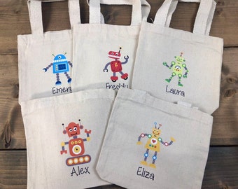 Set of 5 Personalized Robot Party Favor Tote Bags (Item 1580E)