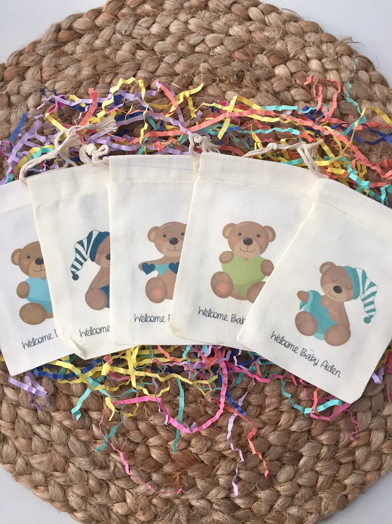 Set of 10 Item 1336A Personalized Teddy Bear Baby Shower Favors or Birthday Party Favors Custom Muslin Cotton Bags