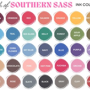 May include: A chart of 36 ink colors, organized in four rows of nine colors each. The colors are labeled with names like "Maroon", "Crimson", "Red", "Salmon", "Orange", "Yellow", "Matte Gold", "Aqua", "Teal", "Sea Glass", "Kelly", "Forest", "Sour Apple", "Olive", "Turquoise", "Corn Flower", "Sky Blue", "Navy", "Blue", "Purple", "Lavender", "Sand", "Chocolate", "Pink", "Hot Pink", "Fuchsia", "Orchid", "Violet", "Taupe", "Rose", "Slate", "Black", "Gray", "Clay", and "Cinnamon".