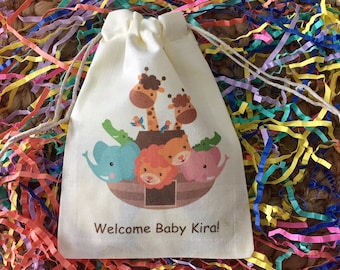 Set of 10 Personalized Noah's Ark Baby Shower Favors - Custom Muslin Cotton Bags (Item 1347A)