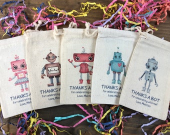 Set of 10 Robot Party Favors - Custom Muslin Cotton Bags (Item 2538A)