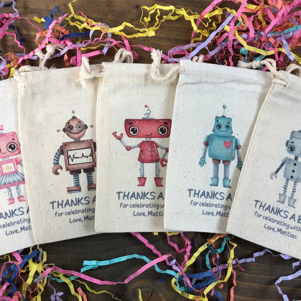 Set of 10 Robot Party Favors - Custom Muslin Cotton Bags (Item 2538A)