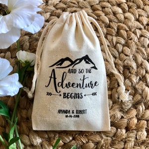 Set of 10 Personalized Wedding Favor Bags with Quote "And So the Adventure Begins" - Custom Muslin Cotton Bags (Item 1471A)