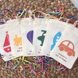 Set of 10 Personalized Transportation Party Favor Bags Boat, Car, Rocket, Plane, Hot Air Balloon And Train- Muslin Cotton Bags (Item 1325A)