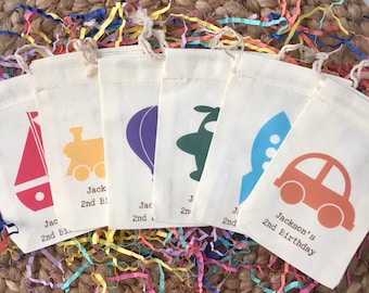 Set of 10 Personalized Transportation Party Favor Bags Boat, Car, Rocket, Plane, Hot Air Balloon And Train- Muslin Cotton Bags (Item 1325A)