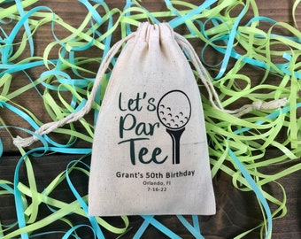 Set of 10 Personalized Party Favor Bags "Let's Par Tee"  Golf Theme Custom Muslin Cotton Bags (Item 2444A)