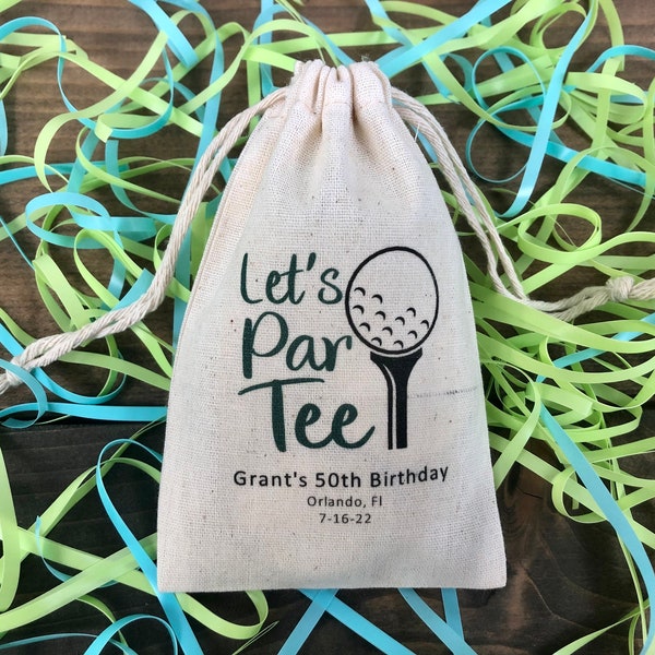 Ensemble de 10 sacs de faveur de fête personnalisés « Let’s Par Tee » Thème de golf Sacs en coton mousseline personnalisés (article 2444A)