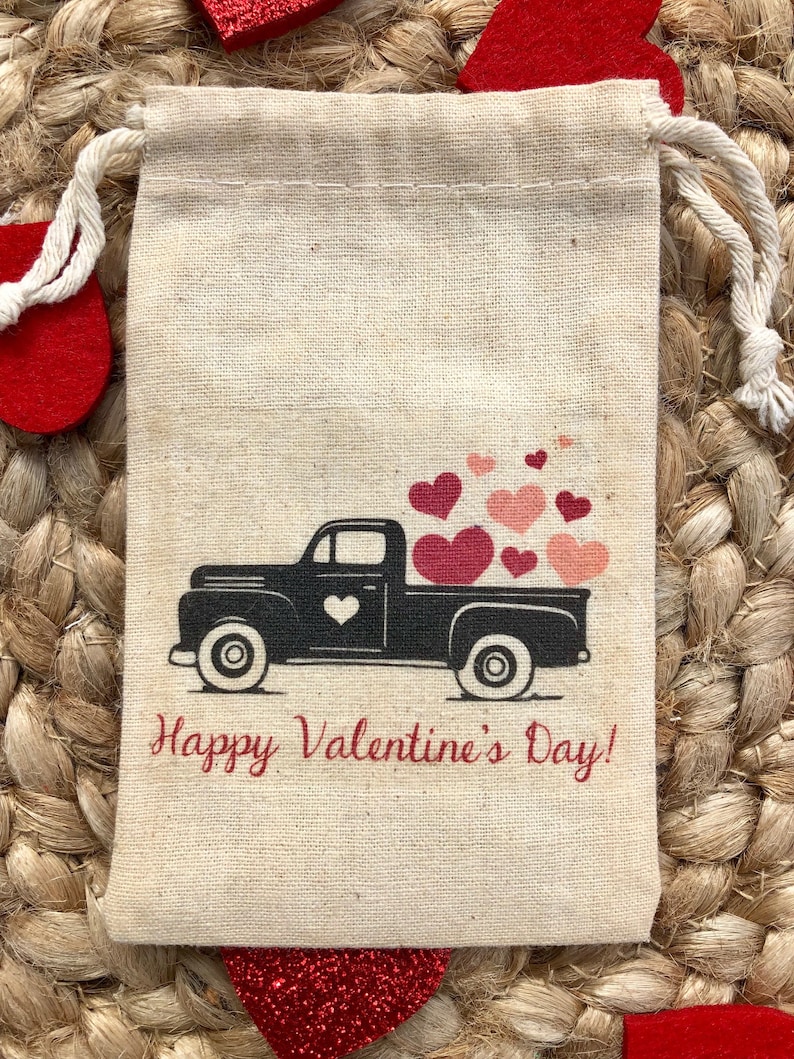 Personalized Valentine/'s Day Party Favors Muslin Valentine Treat Bags Vintage Truck Item 1775A Set of 10