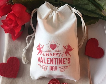 Set of 10 Happy Valentine's Day Party Favor Candy Muslin Cotton Bags (Item 1071A)