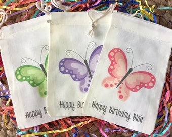 Set of 10 Personalized Butterfly Party Favors - Custom Muslin Cotton Bags (Item 1337A)