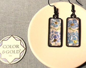 Hand made and hand-gold leaf “Bergamot Gold” Blue & Gold Flower Earrings