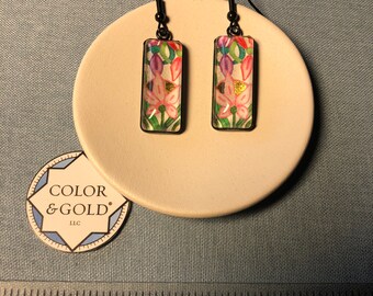 Hand made and hand-gold leaf “Returning Meadow” Three Pinks & Gold Flower Earrings