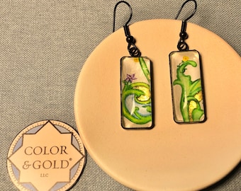 Hand made and hand-gold leaf “Sweet Vines ” Gold, Green & Blue Earrings