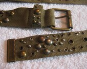 Khaki Belt, Brass Buckle, Woven Canvas with Stud and Grommet Details, 33 to 38 Inches
