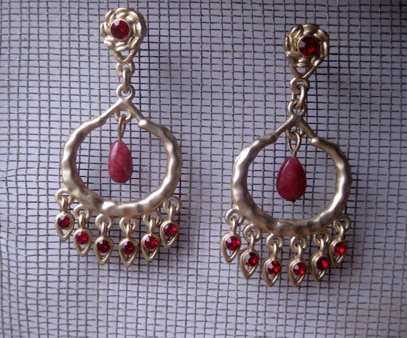 Red Fringe Drop Earrings, Golden Modernist Hoops,