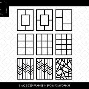 May include: Nine black A2-sized frames in various geometric designs. The frames include rectangular, grid, and abstract patterns. The image also includes the text "LET'S GET LIZICLE" in a black square and the text "9 - A2 SIZED FRAMES IN SVG & FCM FORMAT".