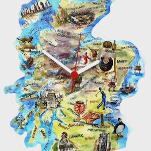 May include: A colourful, hand-painted wooden clock shaped like the outline of Scotland. The clock face is in the centre of the map, with the hands pointing to the time. The map features various landmarks and cities throughout Scotland, including Edinburgh, Glasgow, and the Highlands.
