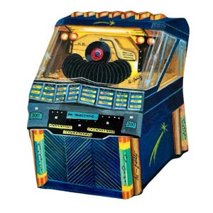 May include: A vibrant illustration of a retro jukebox. The design is predominantly blue with yellow and orange highlights. It includes a record player, selection buttons, and the text "200 selections".