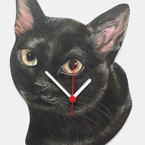May include: A clock with a black cat's head as its face. The clock has white hands and a red second hand.
