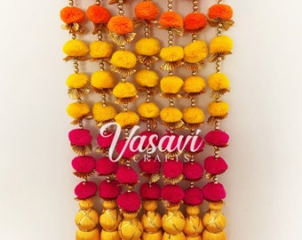 Pack of 20, 30, 40, 50 Multi-Color Pom Pom Garlands with Gota phool and Tassel Indian wedding Muslim Wedding Mehndi Sangeet Haldi Ceremony