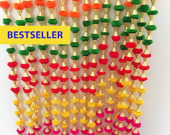 Pack of 30, 40, 50 Multicolor Pom Pom Garlands Party Backdrop Indian wedding Decoration Mexican Garlands Cinco De Mayo Mehndi Décor