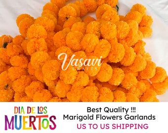 Pack of 2 Mexican MARIGOLD FLOWERS GARLANDS, Día de Los Muertos Altar, Day of the Dead, Halloween, Fall, Diwali Decor (No Import Charges)
