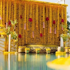 Clearance- Yellow Marigold Flower Garlands with Colorful Tassels, Haldi Decoration, Mehndi Décor, Indian wedding Backdrop