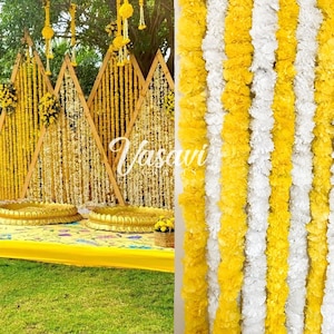 Packung mit 20,25,50,100- 8 ft langen, gelben, weißen, orangen Ringelblumengirlanden für Haldi Dekoration Diwali indische Hochzeit Hintergrund
