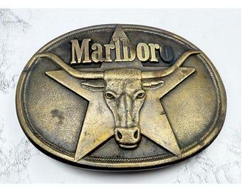 Vintage Marlboro Mens Belt Buckle 1987 Philip Morris Solid Brass 3.5" Steer Horns Oval Cigarette Memorabilia Cowboy Western Style