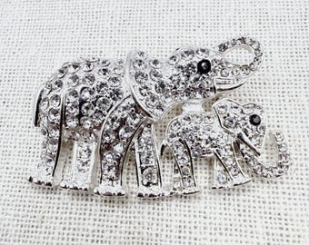 Rhinestone Elephant Family Brooch Silver Tone Mother Baby Animal Pin